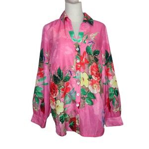 Soft Surroundings Medium Sequin Emroidered Floral Buttondown Boho Shirt Pink‎